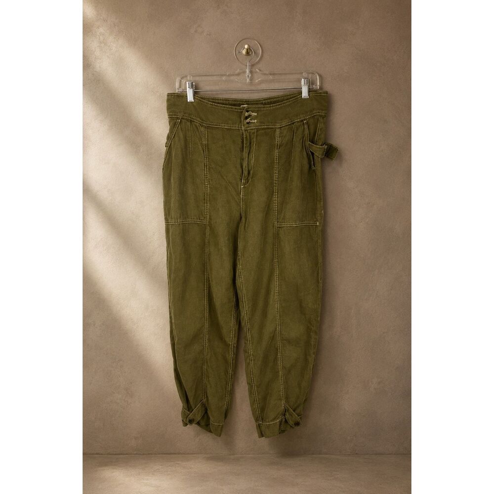 Anthologie Sz 10 Olive Green Cropped Utility Pants Linen Blend Barrel Leg